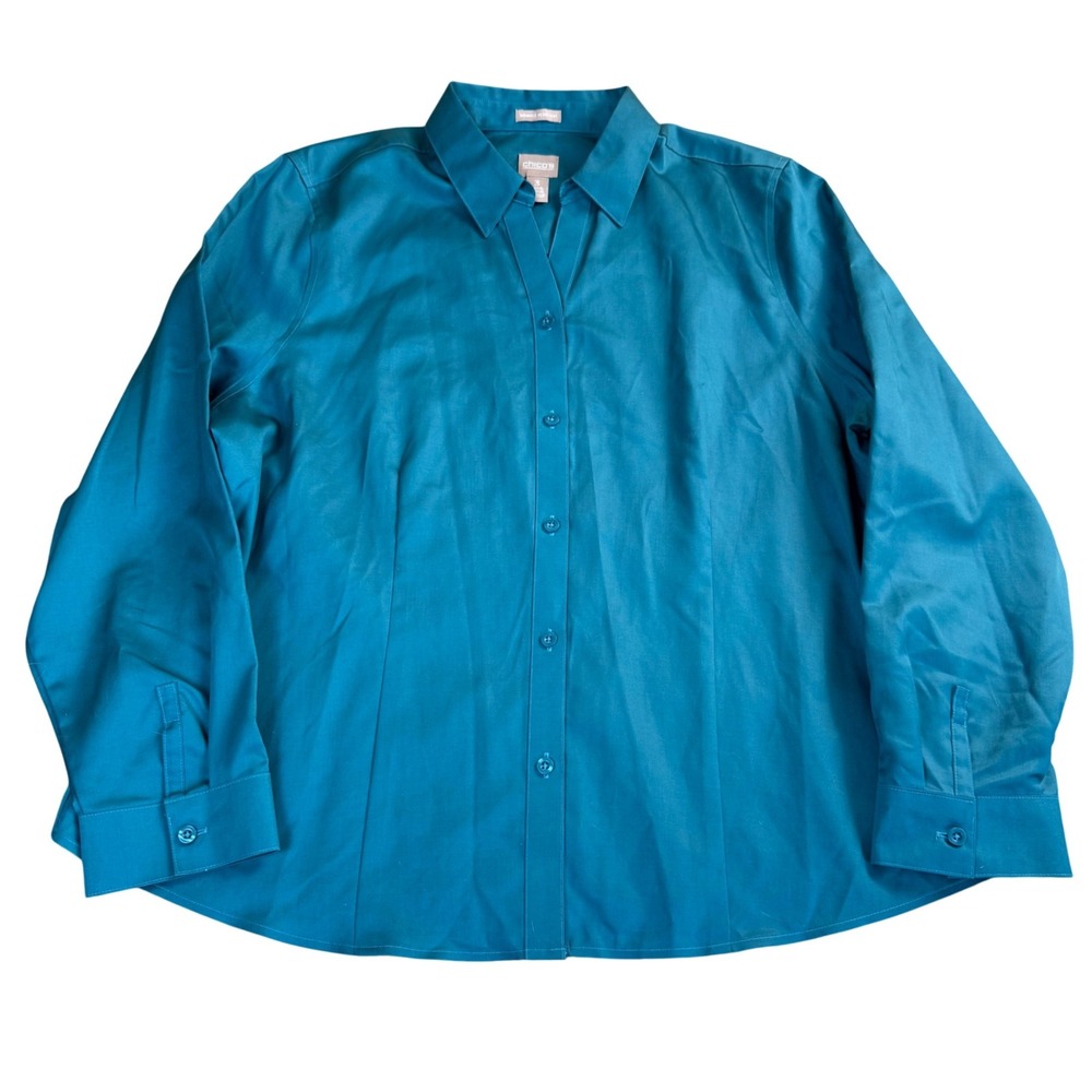 Chico's Classic Button Down Shirt Cotton Teal Blue Size XL Wrinkle Resistant